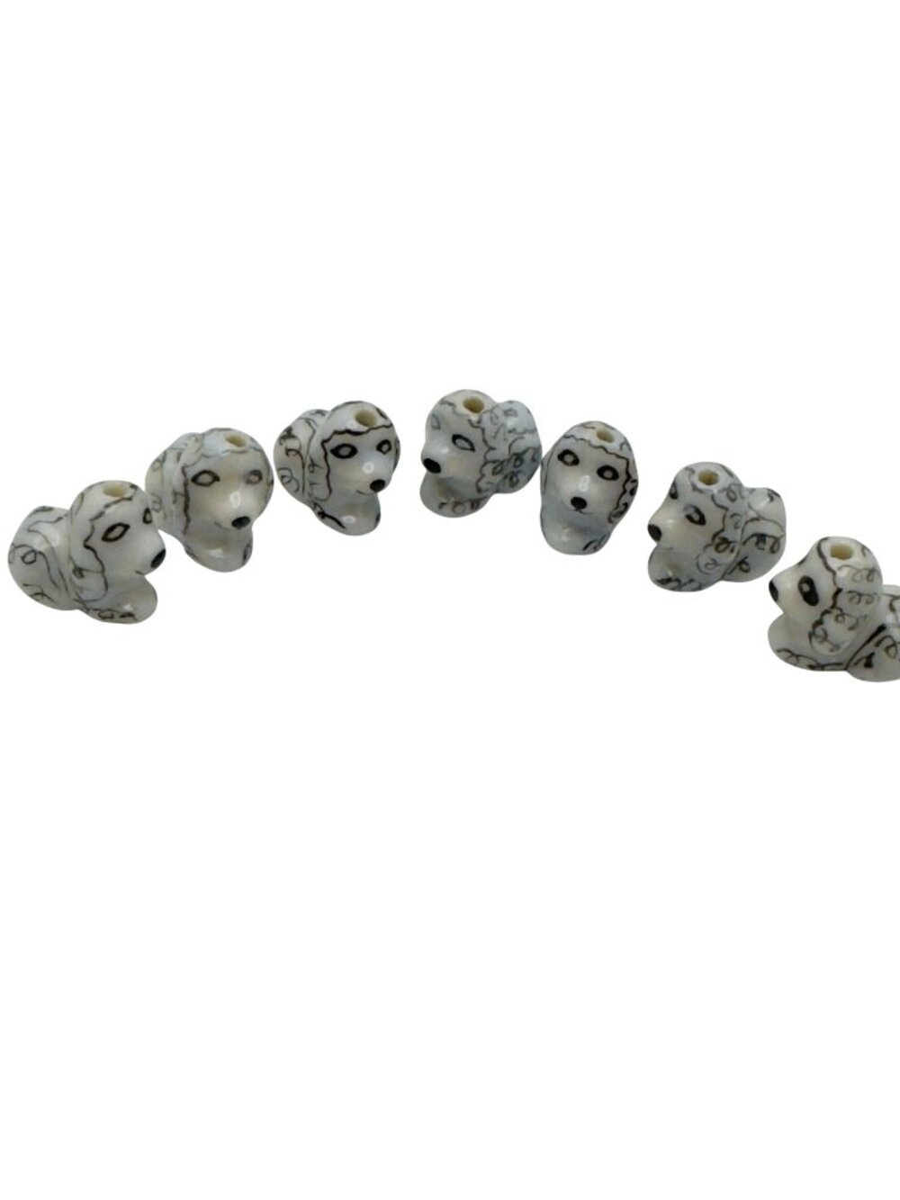 Hand-Painted Ceramic White Black Poodle Dog Beads Set Of 7